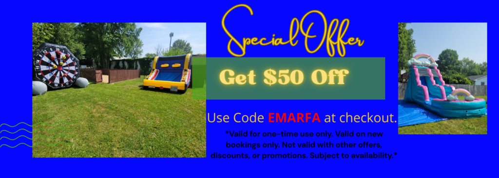 A-frame sign promoting $50 off bounce house rentals from Little Jumpers, a family party rental company, featuring a vibrant inflatable bounce house.