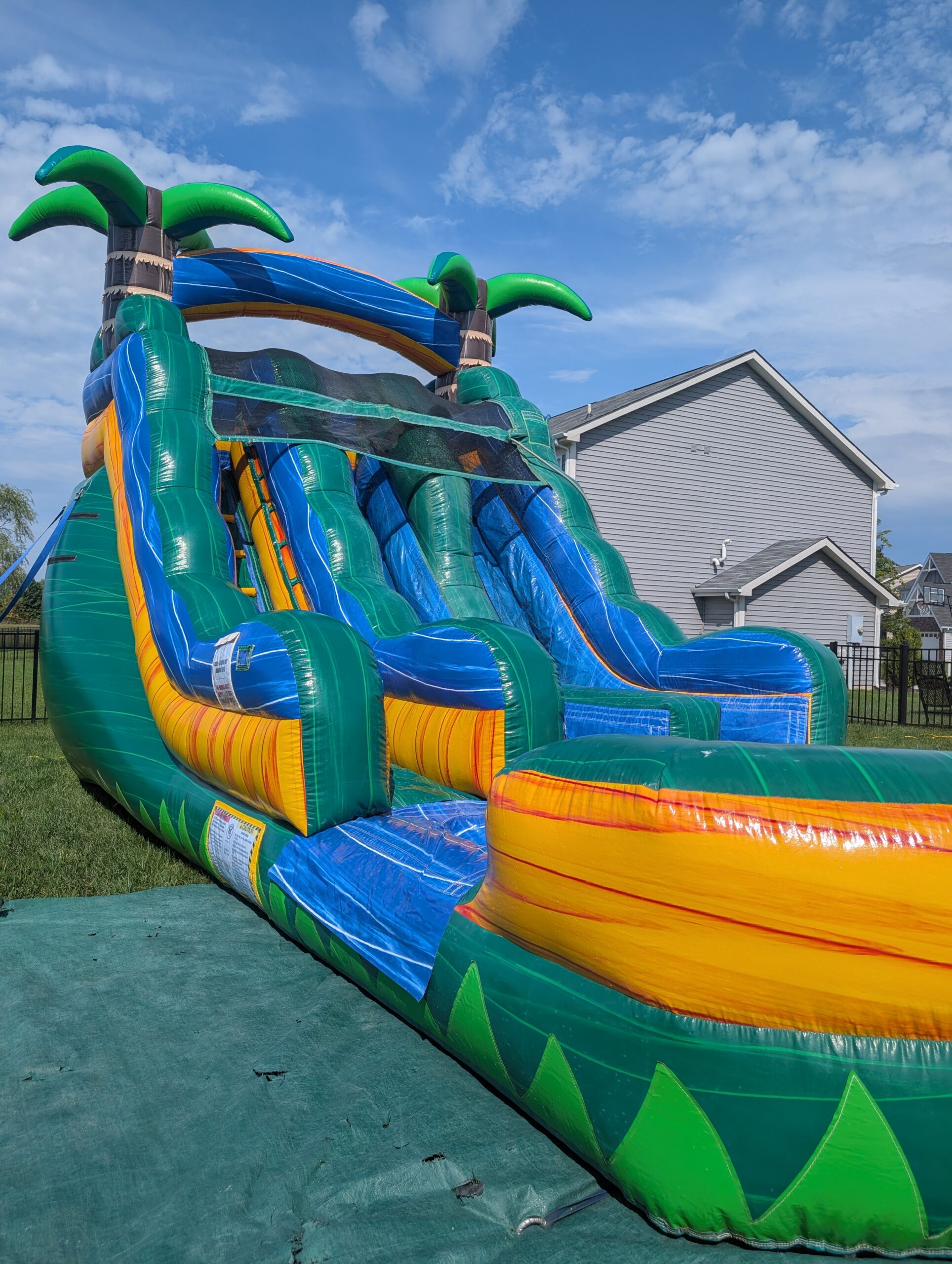 Tropical dual-lane waterslide set up in a Greenwood backyard